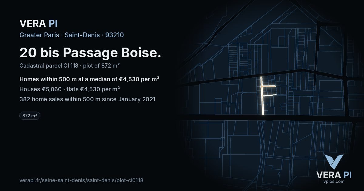 20 bis Passage Boise, Saint-Denis at night – the plot lit, the parcels around coloured by the prices near them