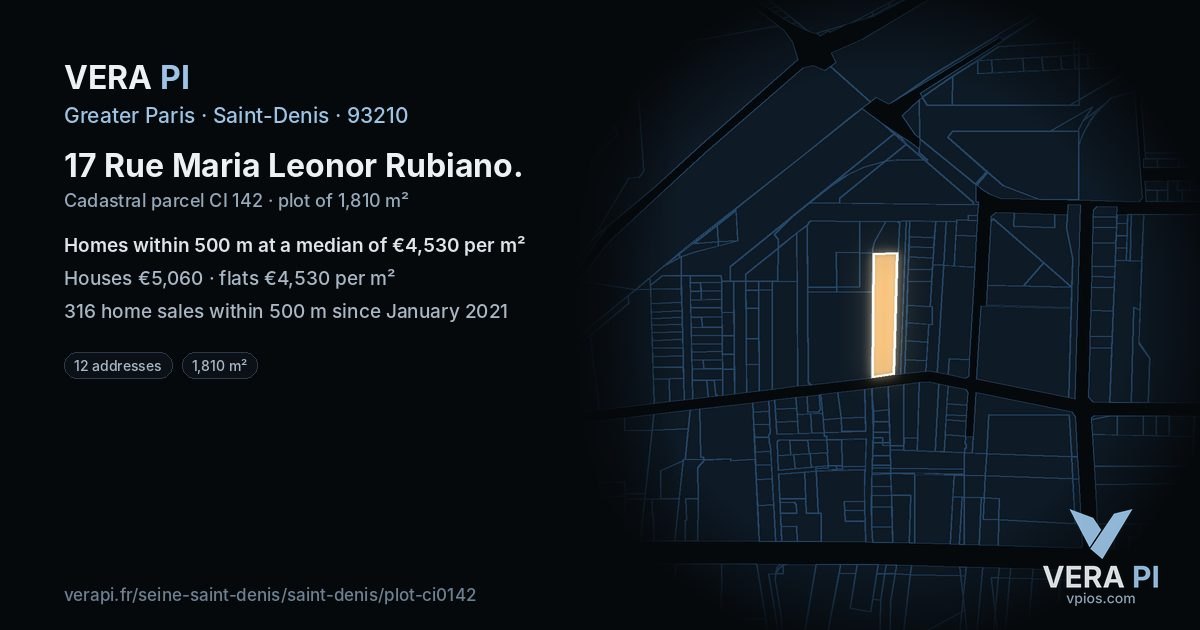 17 Rue Maria Leonor Rubiano, Saint-Denis at night – the plot lit, the parcels around coloured by the prices near them