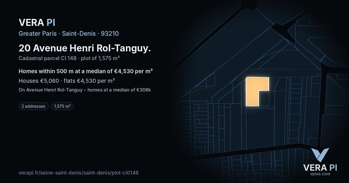 20 Avenue Henri Rol-Tanguy, Saint-Denis at night – the plot lit, the parcels around coloured by the prices near them