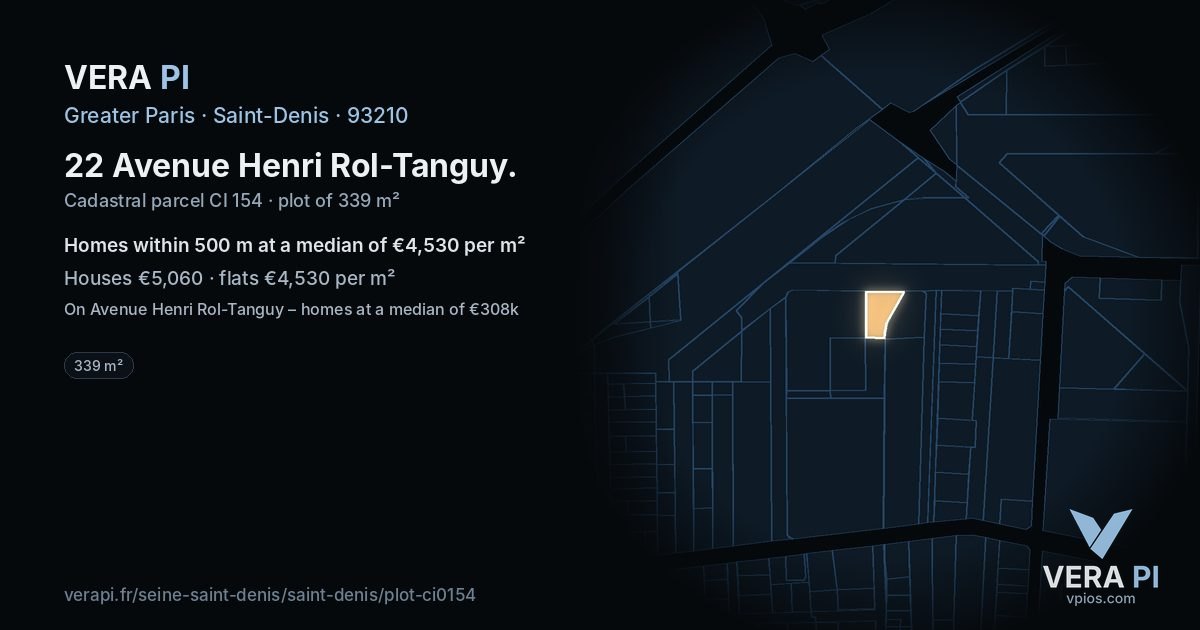 22 Avenue Henri Rol-Tanguy, Saint-Denis at night – the plot lit, the parcels around coloured by the prices near them