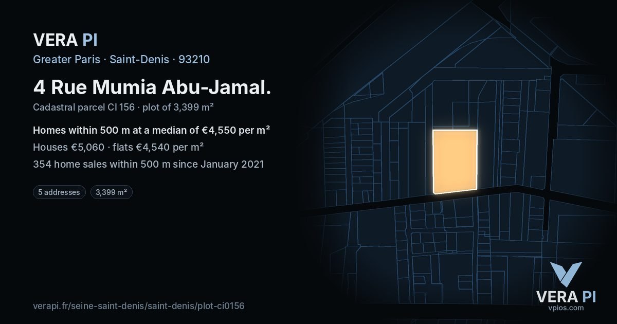 4 Rue Mumia Abu-Jamal, Saint-Denis at night – the plot lit, the parcels around coloured by the prices near them