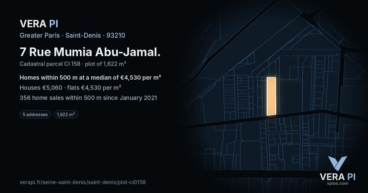 7 Rue Mumia Abu-Jamal, Saint-Denis at night – the plot lit, the parcels around coloured by the prices near them