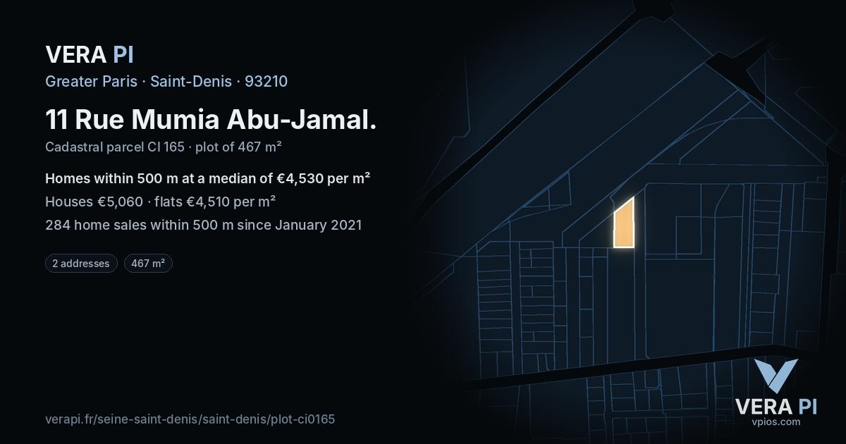 11 Rue Mumia Abu-Jamal, Saint-Denis at night – the plot lit, the parcels around coloured by the prices near them