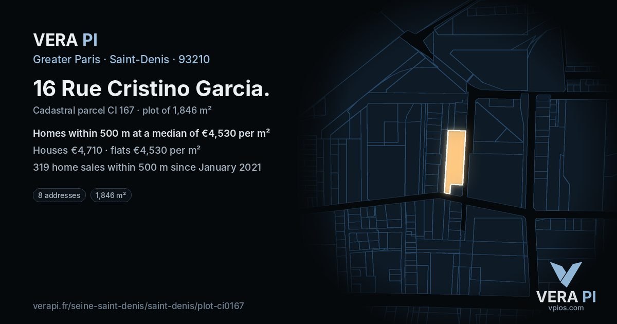 16 Rue Cristino Garcia, Saint-Denis at night – the plot lit, the parcels around coloured by the prices near them
