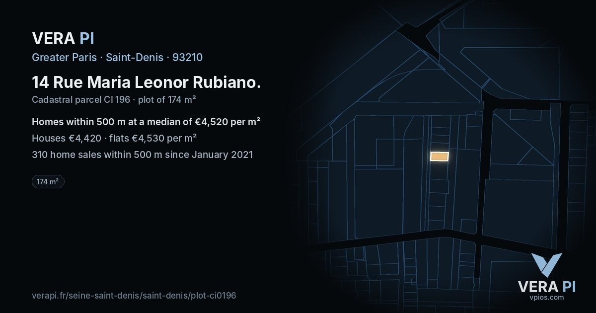14 Rue Maria Leonor Rubiano, Saint-Denis at night – the plot lit, the parcels around coloured by the prices near them