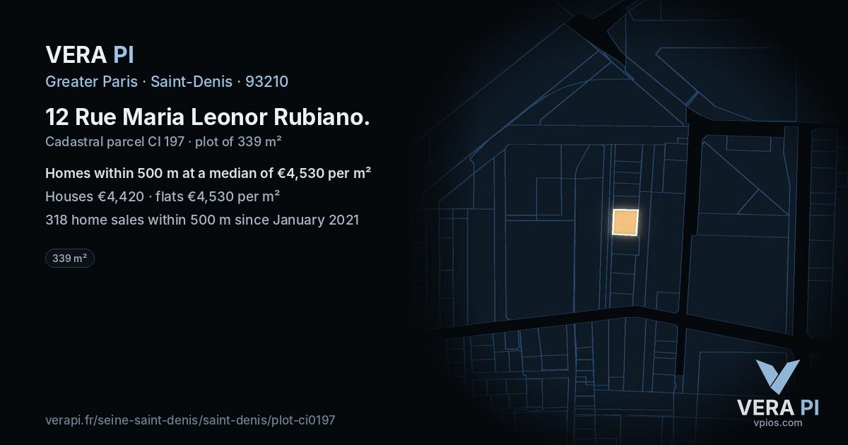 12 Rue Maria Leonor Rubiano, Saint-Denis at night – the plot lit, the parcels around coloured by the prices near them