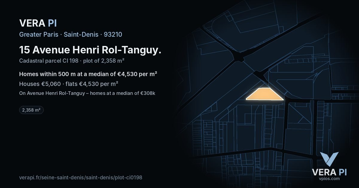 15 Avenue Henri Rol-Tanguy, Saint-Denis at night – the plot lit, the parcels around coloured by the prices near them