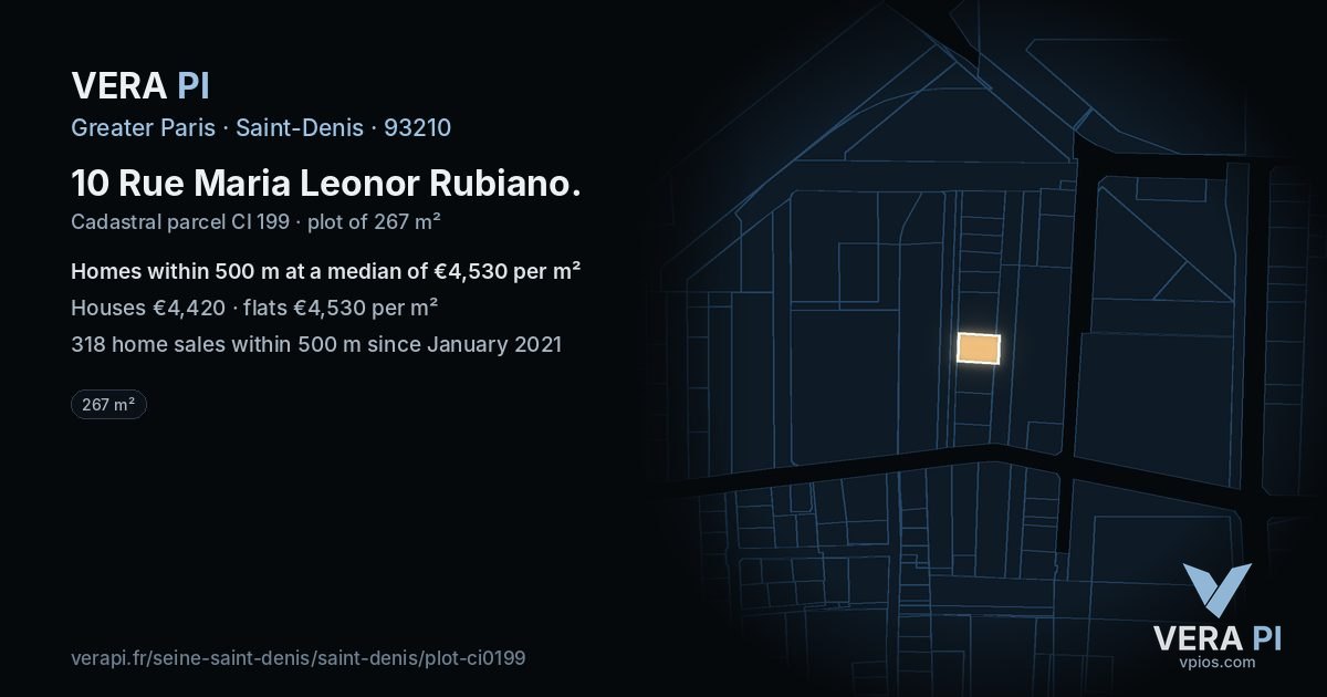 10 Rue Maria Leonor Rubiano, Saint-Denis at night – the plot lit, the parcels around coloured by the prices near them