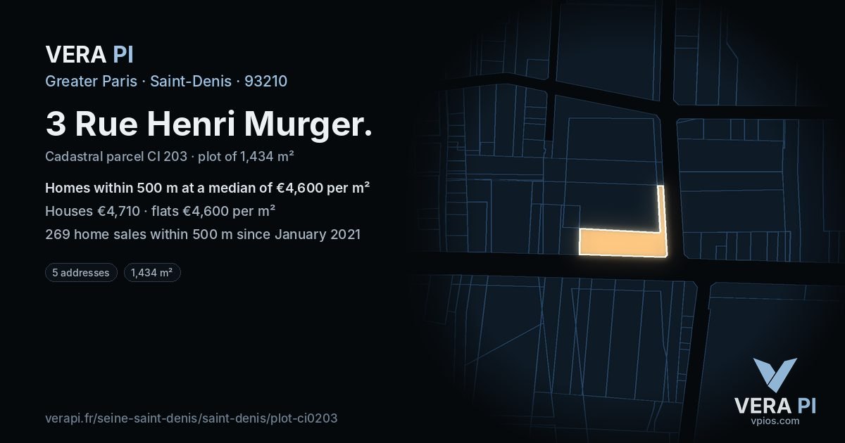 3 Rue Henri Murger, Saint-Denis at night – the plot lit, the parcels around coloured by the prices near them