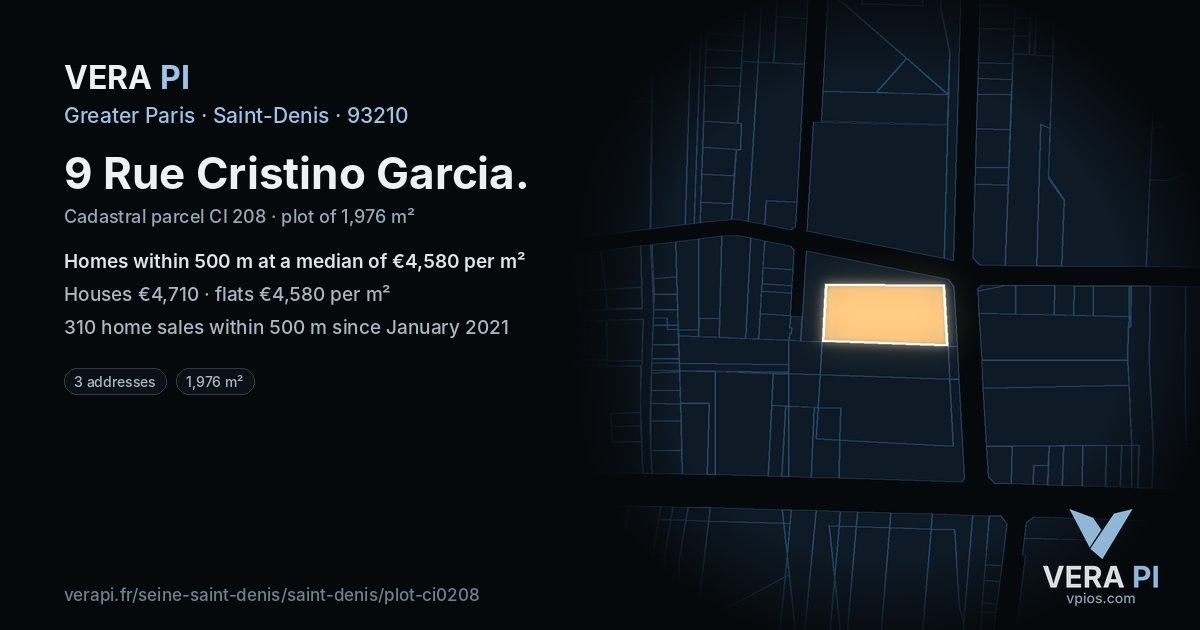 9 Rue Cristino Garcia, Saint-Denis at night – the plot lit, the parcels around coloured by the prices near them