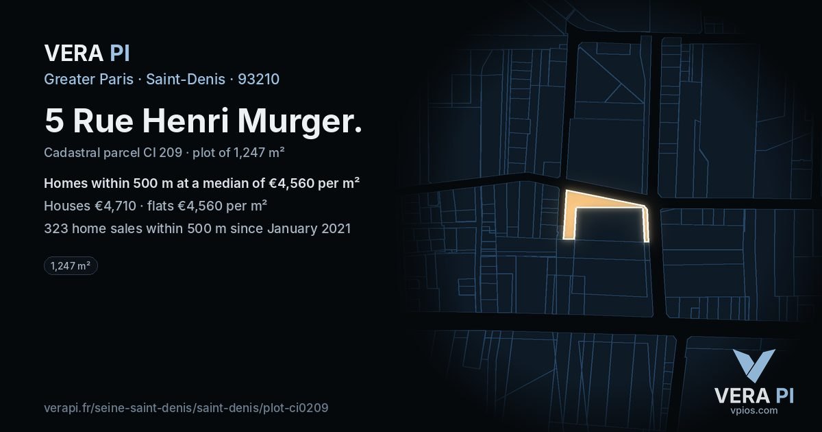 5 Rue Henri Murger, Saint-Denis at night – the plot lit, the parcels around coloured by the prices near them