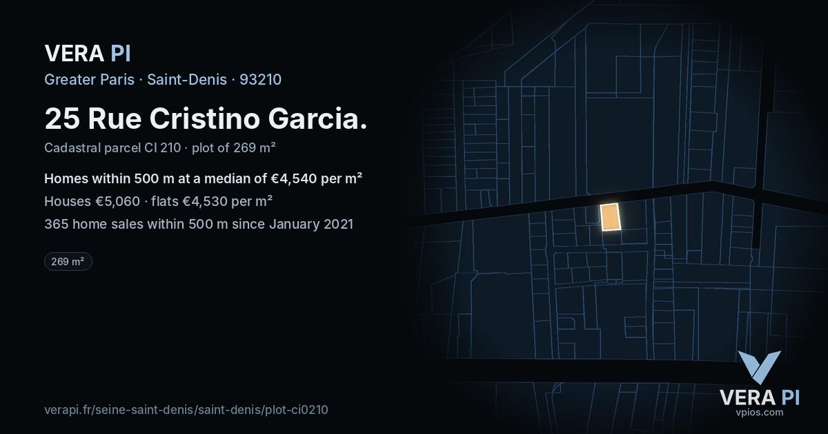 25 Rue Cristino Garcia, Saint-Denis at night – the plot lit, the parcels around coloured by the prices near them