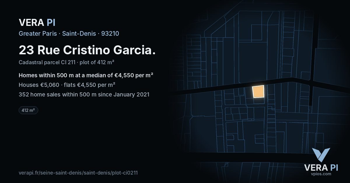 23 Rue Cristino Garcia, Saint-Denis at night – the plot lit, the parcels around coloured by the prices near them