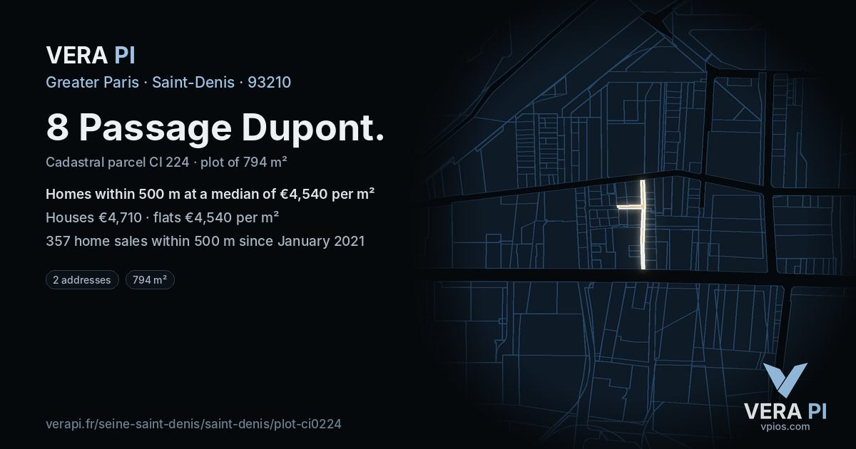 8 Passage Dupont, Saint-Denis at night – the plot lit, the parcels around coloured by the prices near them