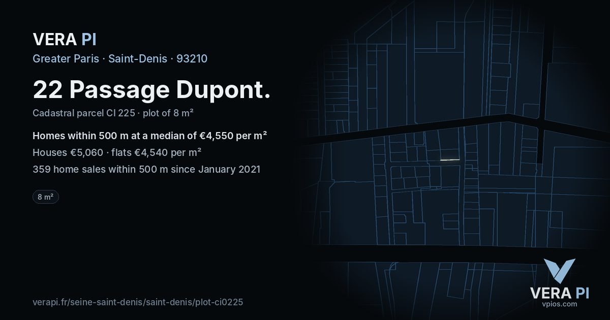 22 Passage Dupont, Saint-Denis at night – the plot lit, the parcels around coloured by the prices near them
