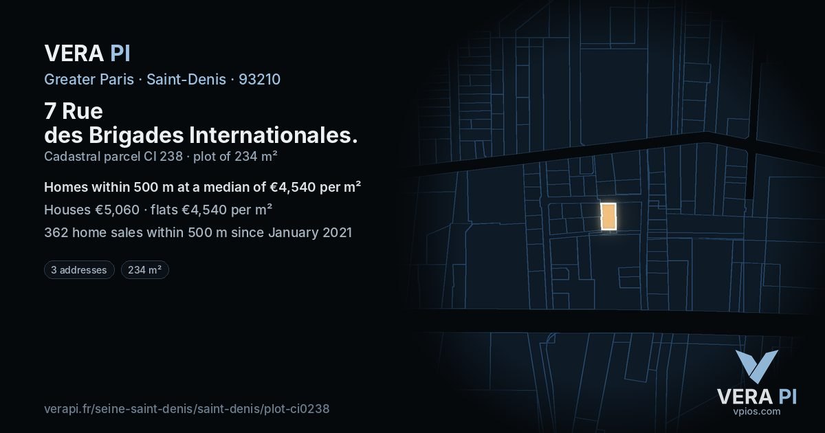 7 Rue des Brigades Internationales, Saint-Denis at night – the plot lit, the parcels around coloured by the prices near them