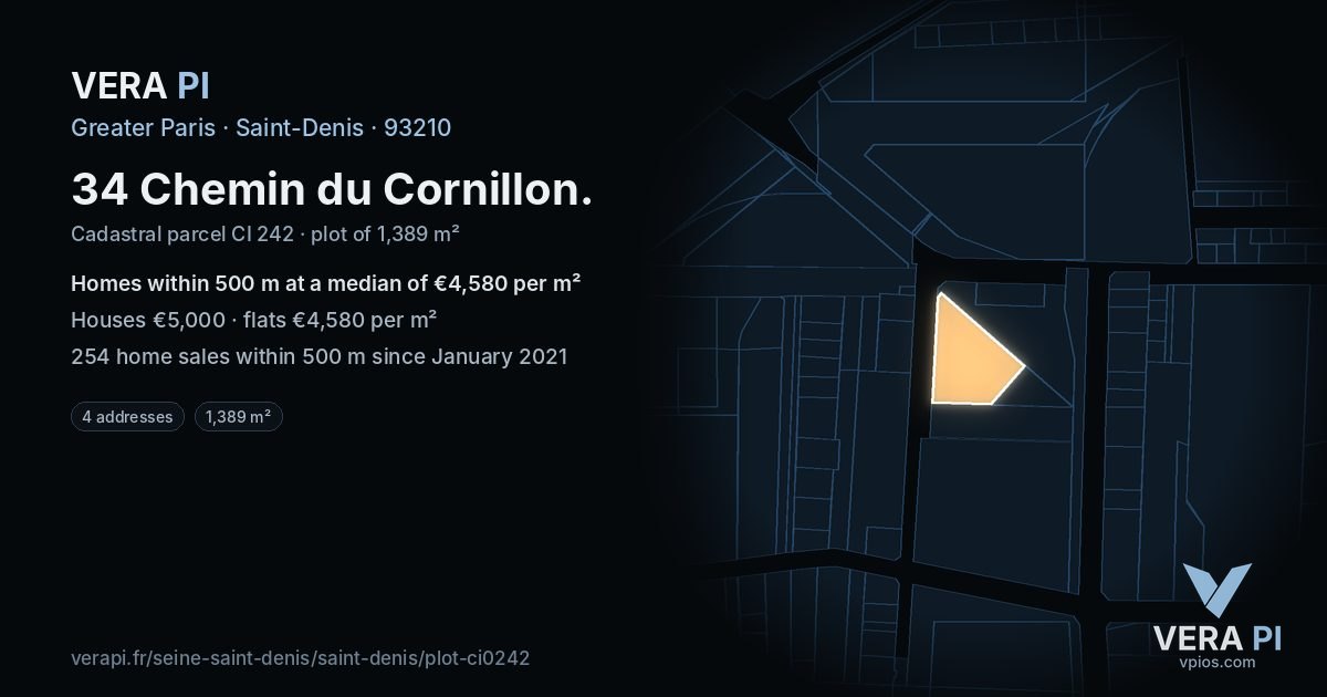 34 Chemin du Cornillon, Saint-Denis at night – the plot lit, the parcels around coloured by the prices near them