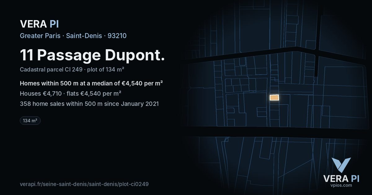 11 Passage Dupont, Saint-Denis at night – the plot lit, the parcels around coloured by the prices near them