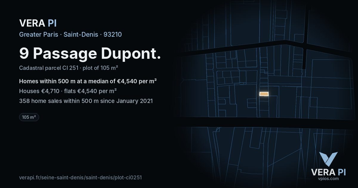 9 Passage Dupont, Saint-Denis at night – the plot lit, the parcels around coloured by the prices near them