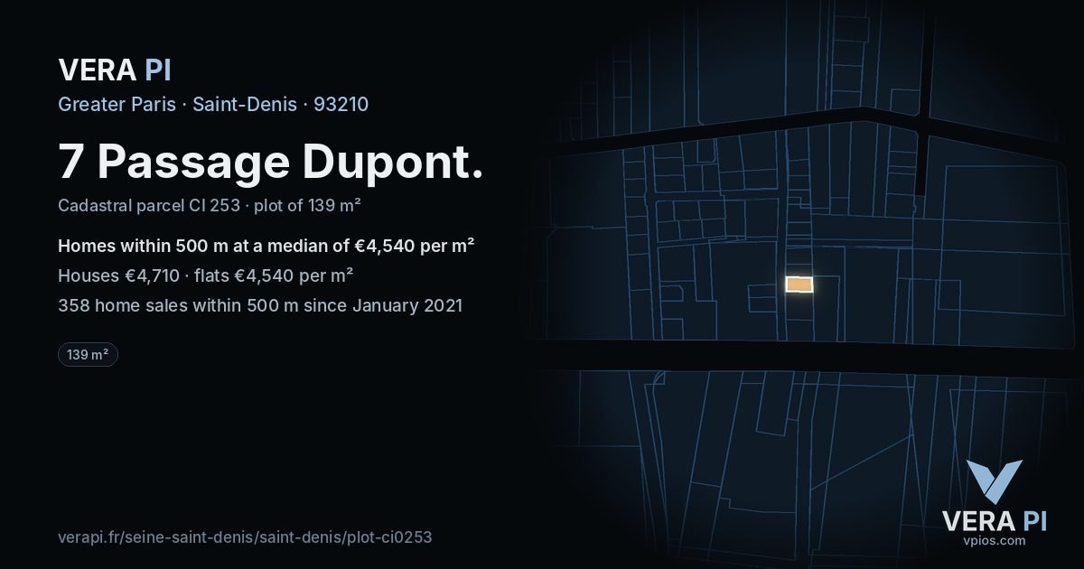 7 Passage Dupont, Saint-Denis at night – the plot lit, the parcels around coloured by the prices near them