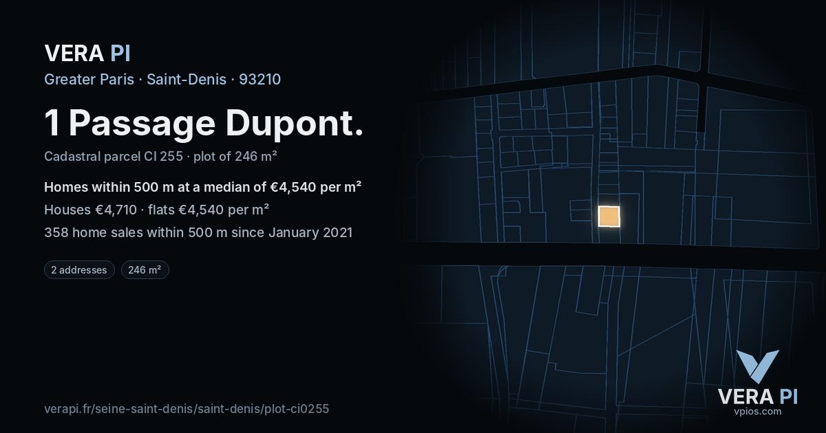 1 Passage Dupont, Saint-Denis at night – the plot lit, the parcels around coloured by the prices near them