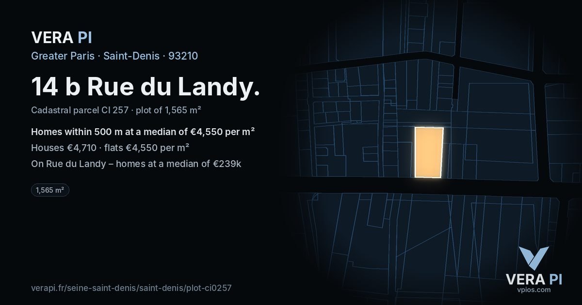 14 b Rue du Landy, Saint-Denis at night – the plot lit, the parcels around coloured by the prices near them