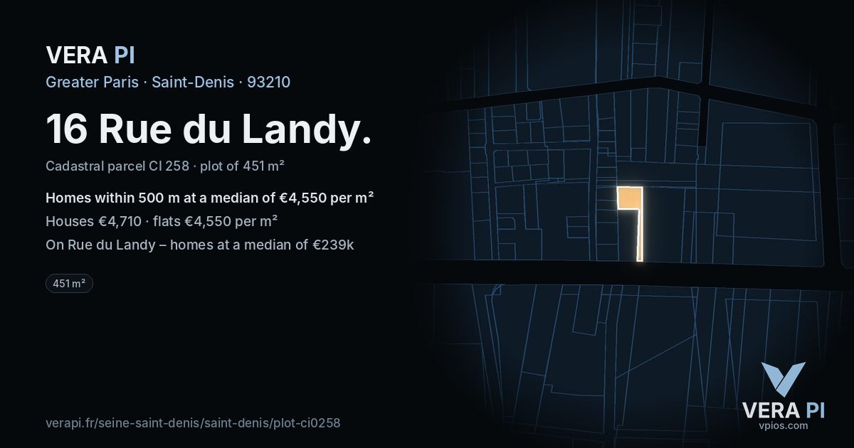 16 Rue du Landy, Saint-Denis at night – the plot lit, the parcels around coloured by the prices near them