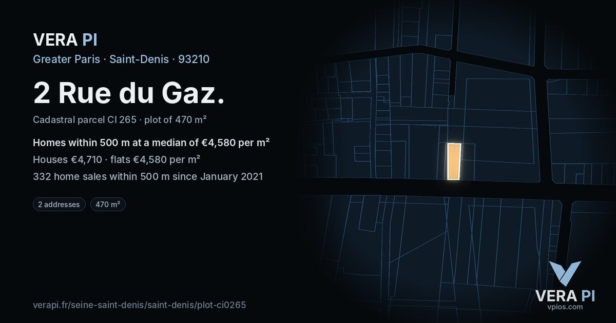 2 Rue du Gaz, Saint-Denis at night – the plot lit, the parcels around coloured by the prices near them