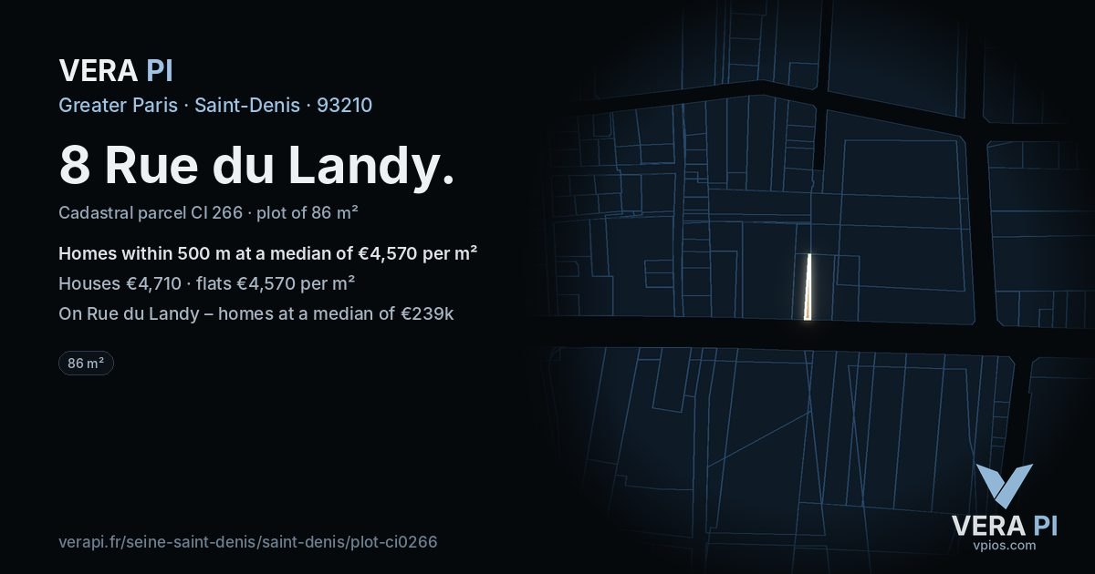 8 Rue du Landy, Saint-Denis at night – the plot lit, the parcels around coloured by the prices near them