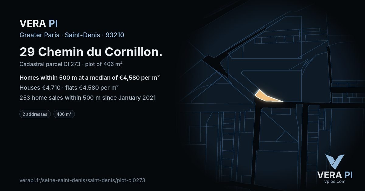 29 Chemin du Cornillon, Saint-Denis at night – the plot lit, the parcels around coloured by the prices near them