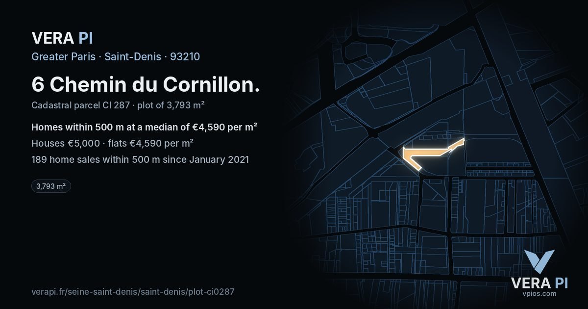 6 Chemin du Cornillon, Saint-Denis at night – the plot lit, the parcels around coloured by the prices near them