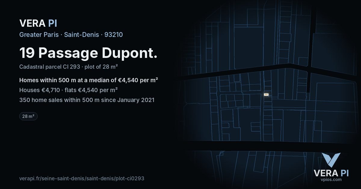 19 Passage Dupont, Saint-Denis at night – the plot lit, the parcels around coloured by the prices near them