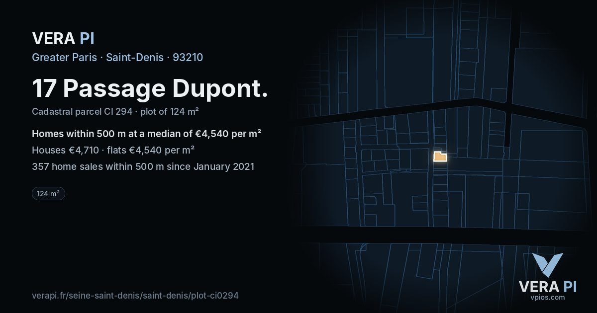 17 Passage Dupont, Saint-Denis at night – the plot lit, the parcels around coloured by the prices near them