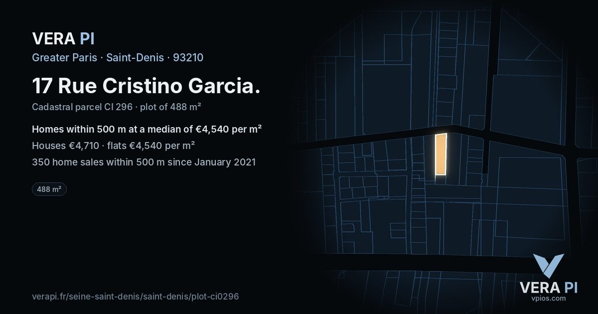 17 Rue Cristino Garcia, Saint-Denis at night – the plot lit, the parcels around coloured by the prices near them
