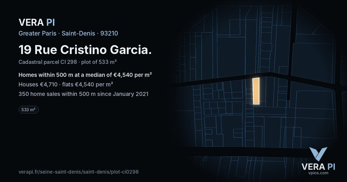 19 Rue Cristino Garcia, Saint-Denis at night – the plot lit, the parcels around coloured by the prices near them