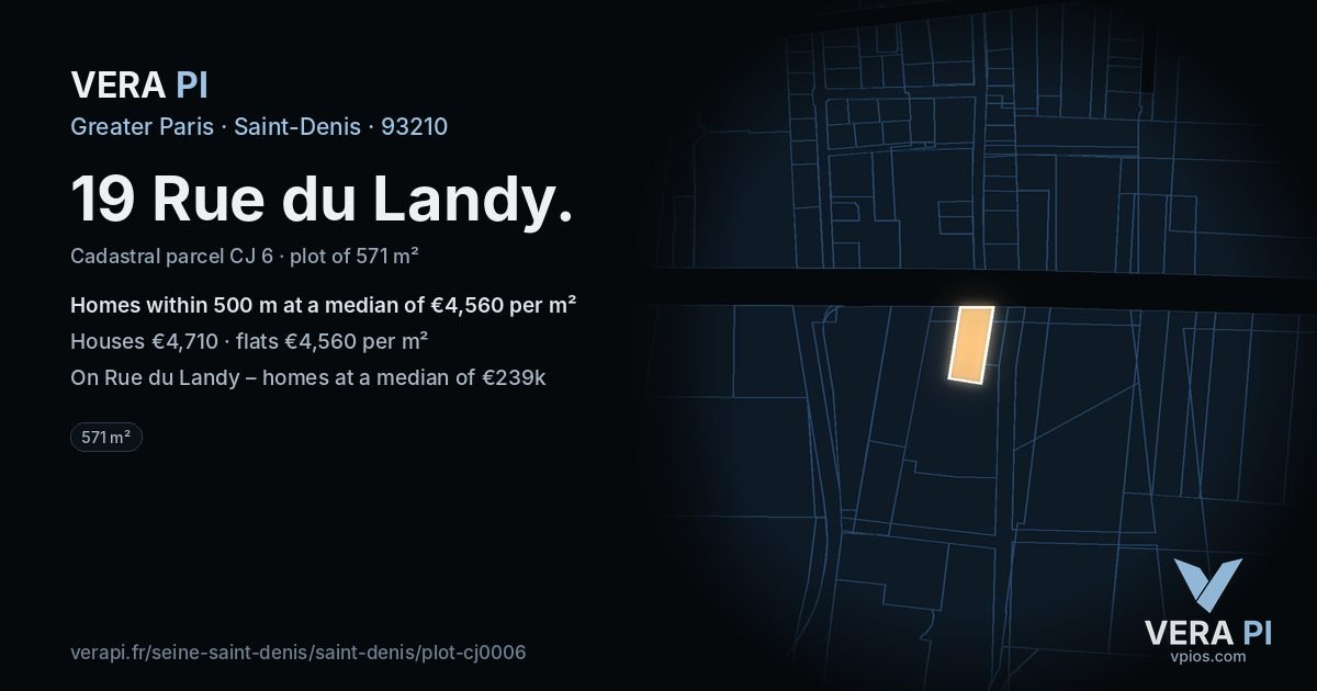 19 Rue du Landy, Saint-Denis at night – the plot lit, the parcels around coloured by the prices near them