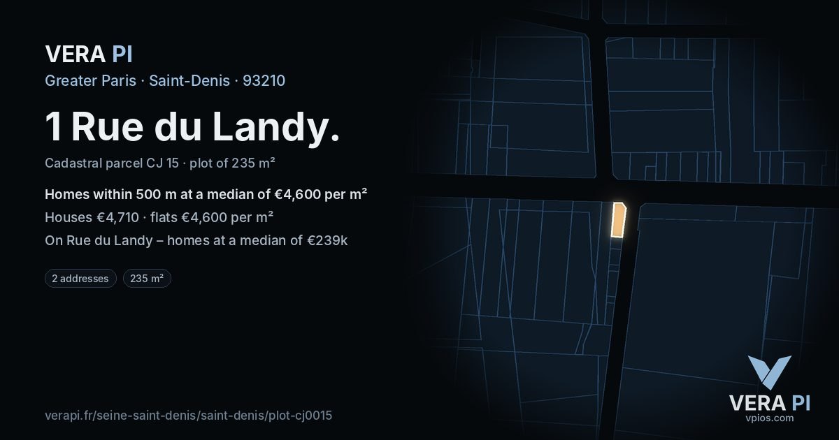1 Rue du Landy, Saint-Denis at night – the plot lit, the parcels around coloured by the prices near them