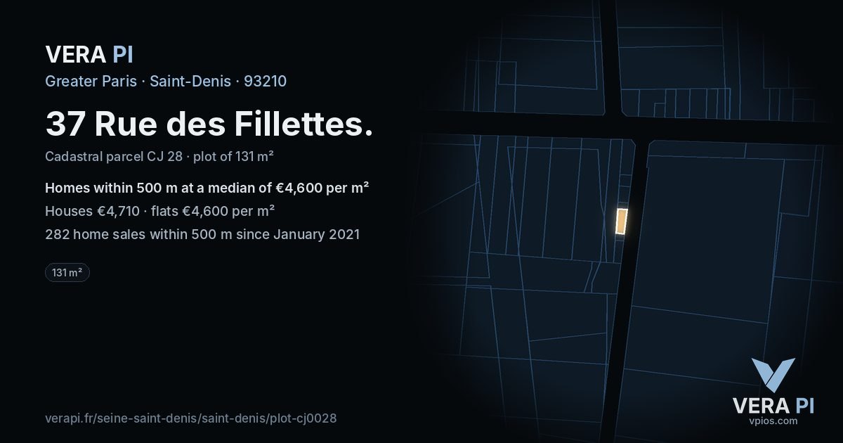37 Rue des Fillettes, Saint-Denis at night – the plot lit, the parcels around coloured by the prices near them