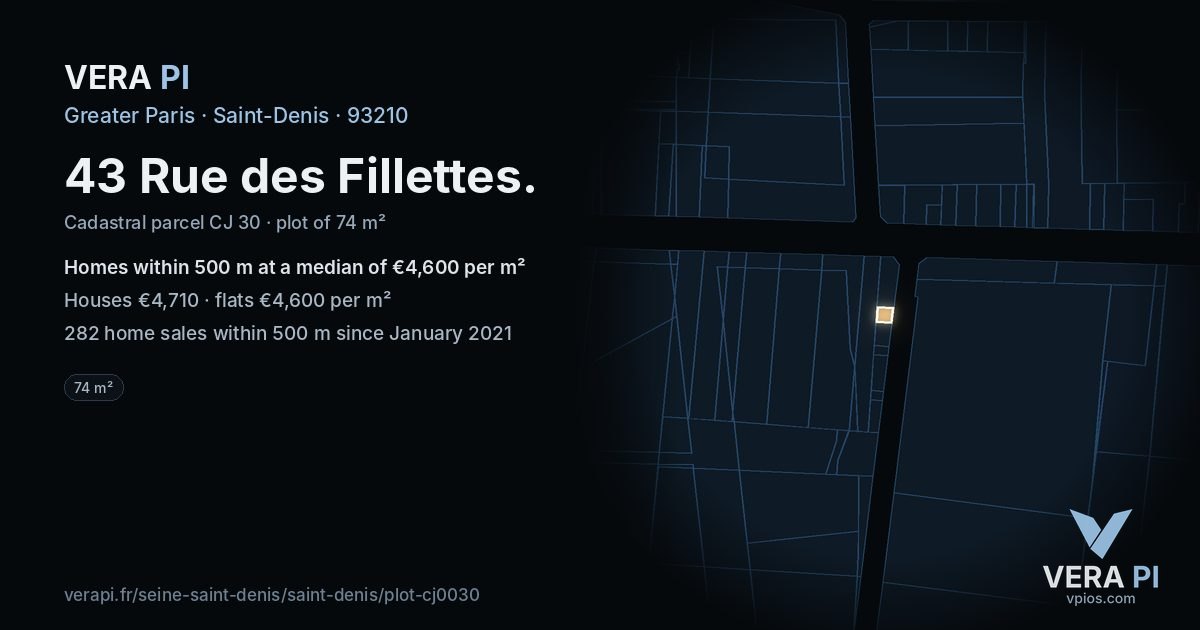 43 Rue des Fillettes, Saint-Denis at night – the plot lit, the parcels around coloured by the prices near them