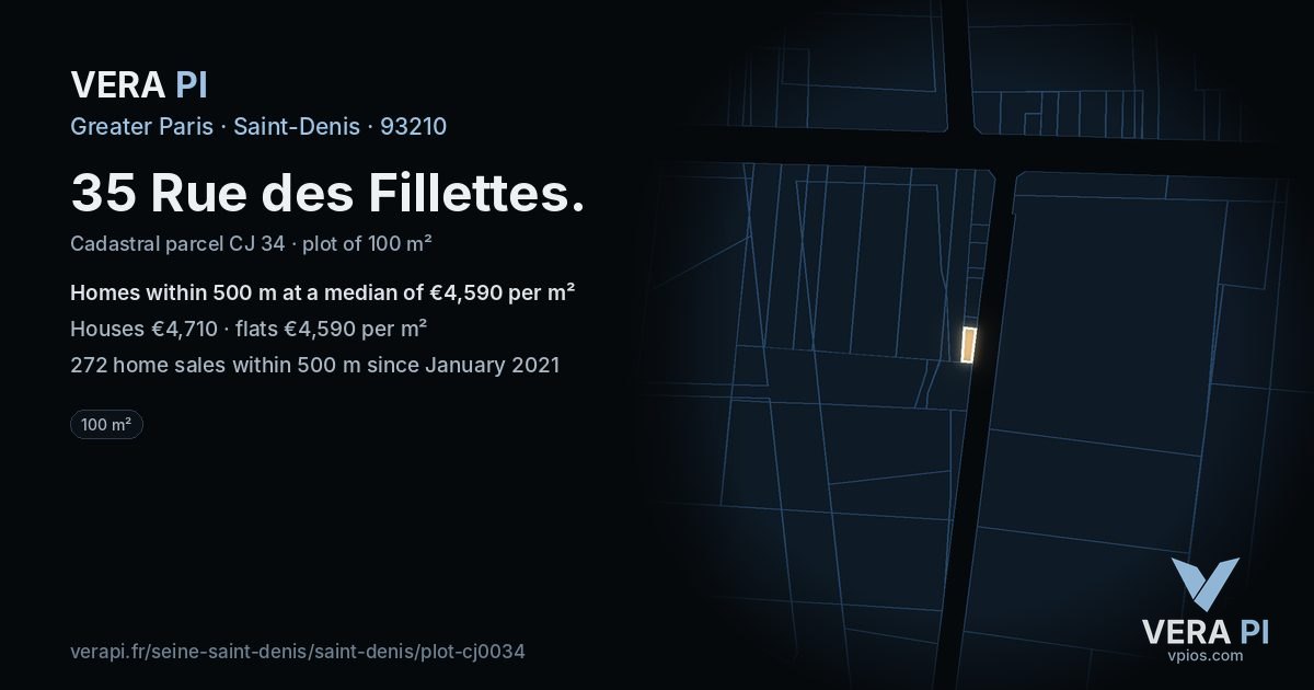 35 Rue des Fillettes, Saint-Denis at night – the plot lit, the parcels around coloured by the prices near them