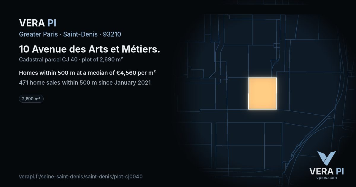10 Avenue des Arts et Métiers, Saint-Denis at night – the plot lit, the parcels around coloured by the prices near them