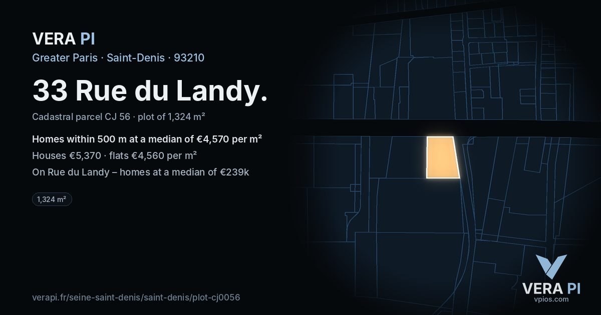 33 Rue du Landy, Saint-Denis at night – the plot lit, the parcels around coloured by the prices near them