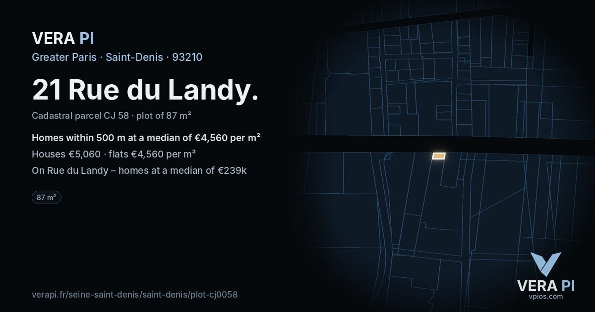 21 Rue du Landy, Saint-Denis at night – the plot lit, the parcels around coloured by the prices near them