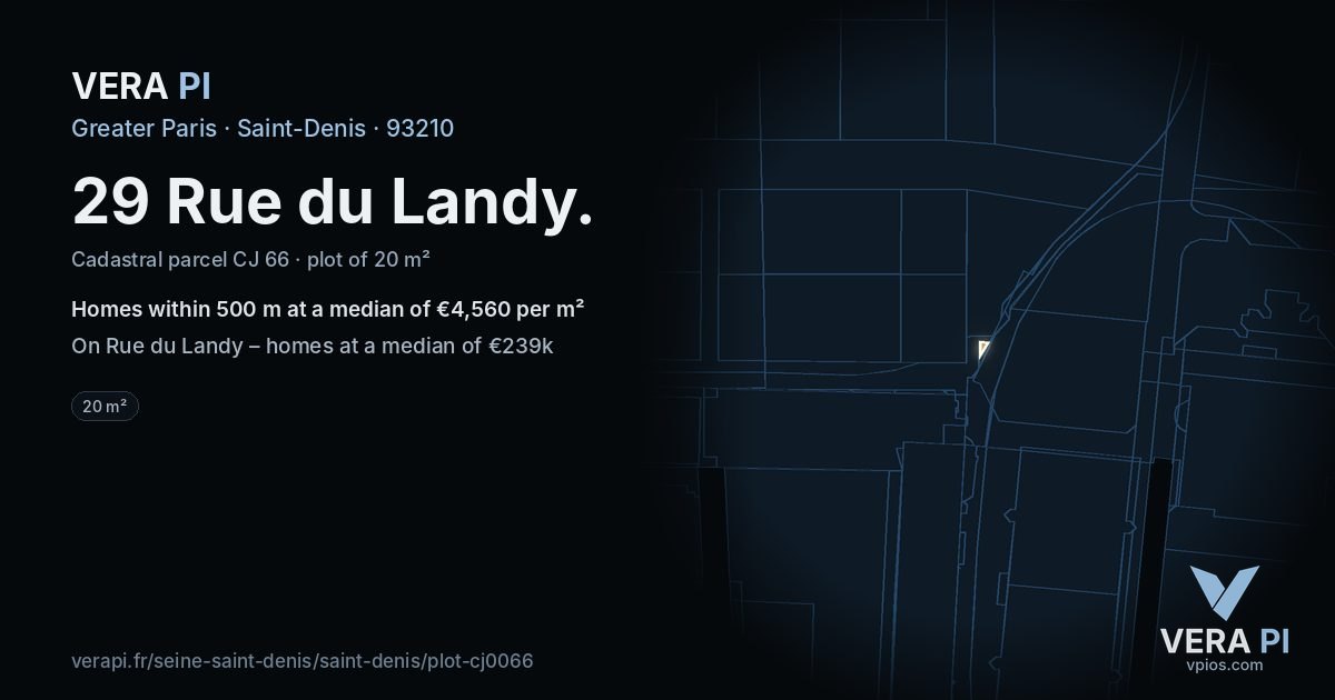 29 Rue du Landy, Saint-Denis at night – the plot lit, the parcels around coloured by the prices near them