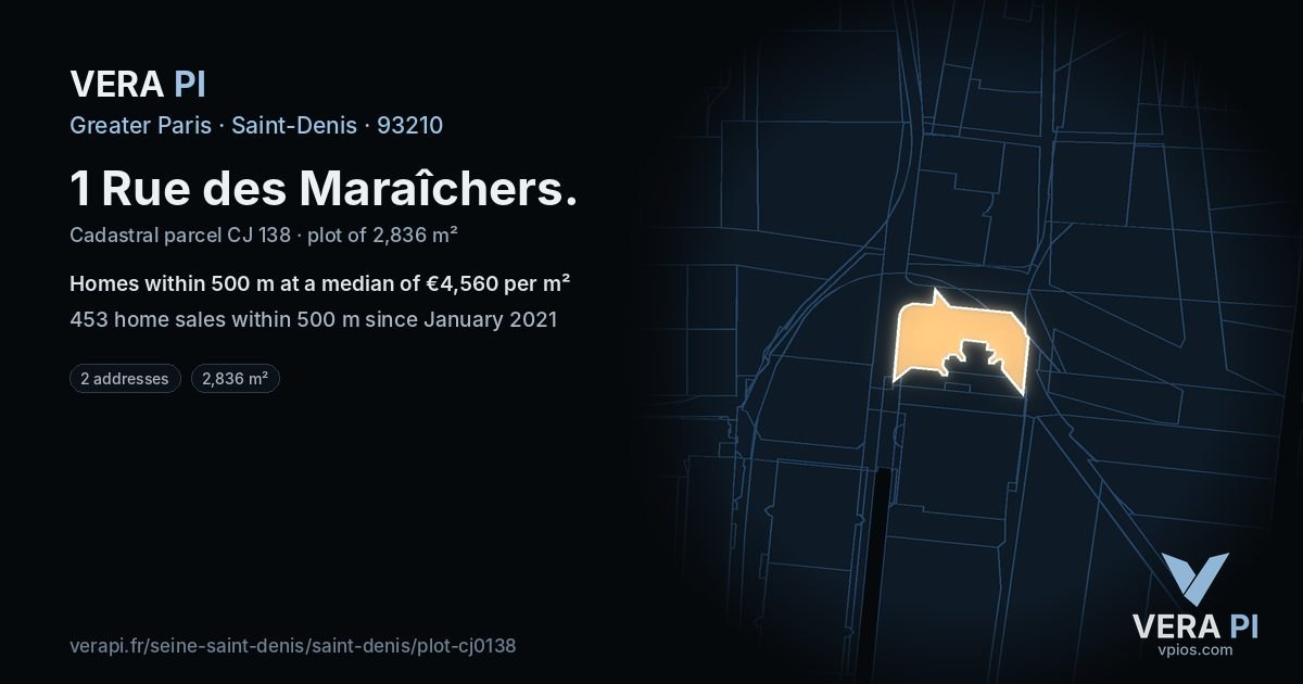 1 Rue des Maraîchers, Saint-Denis at night – the plot lit, the parcels around coloured by the prices near them