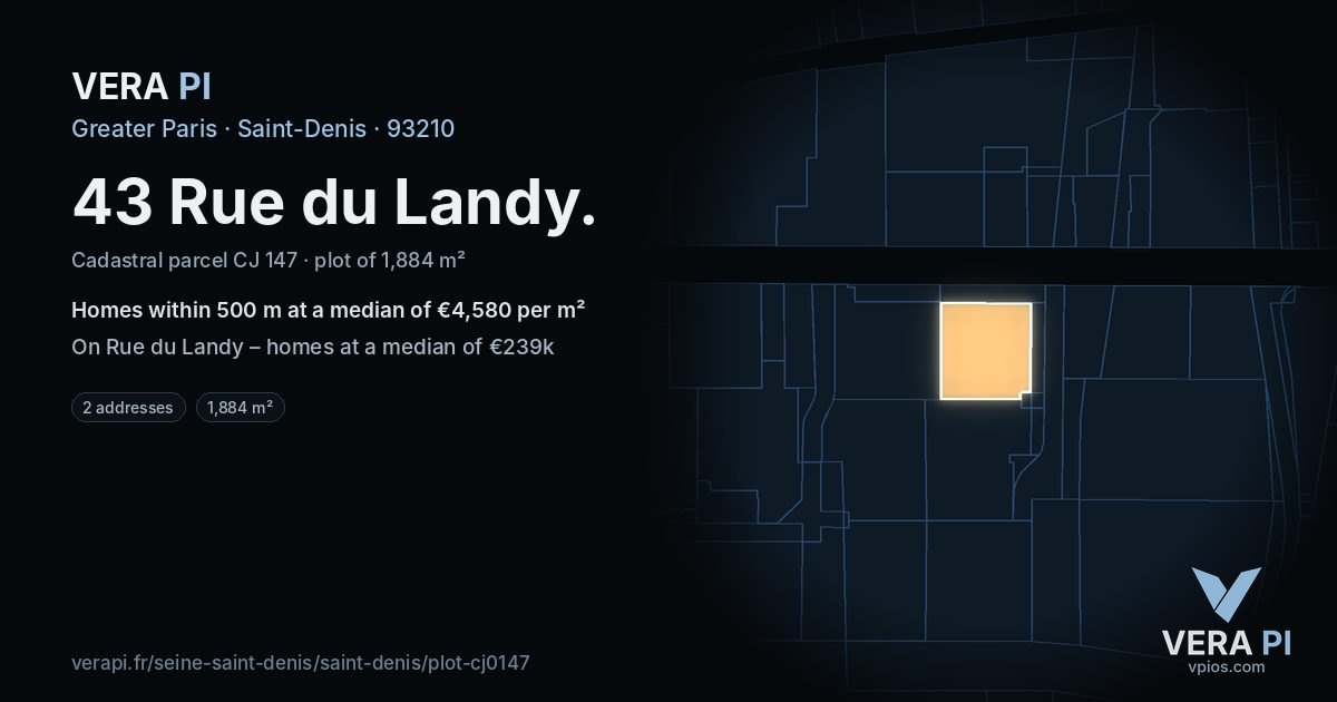 43 Rue du Landy, Saint-Denis at night – the plot lit, the parcels around coloured by the prices near them