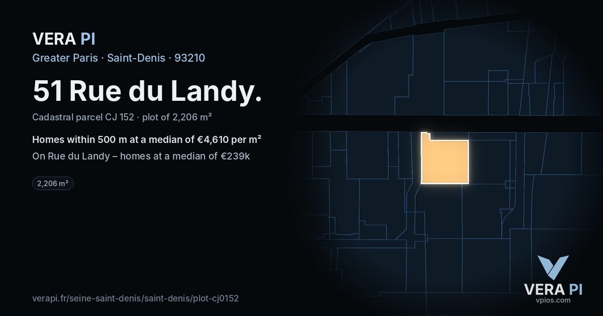 51 Rue du Landy, Saint-Denis at night – the plot lit, the parcels around coloured by the prices near them