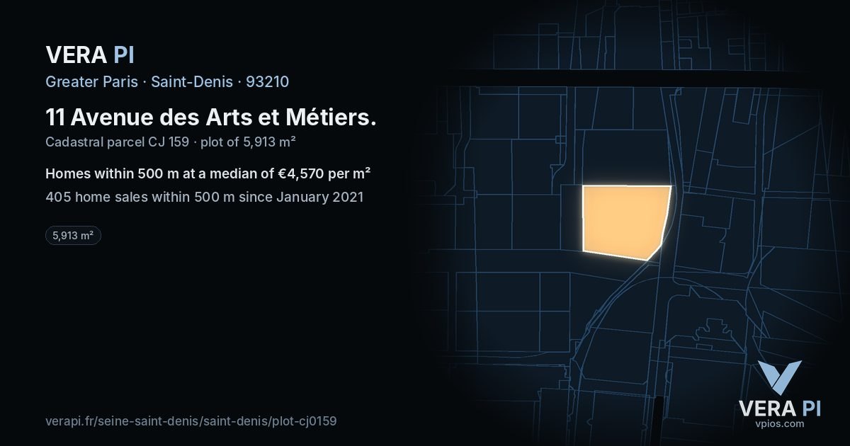 11 Avenue des Arts et Métiers, Saint-Denis at night – the plot lit, the parcels around coloured by the prices near them