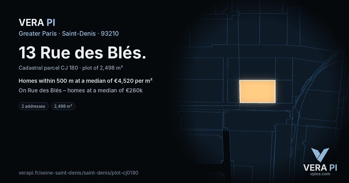 13 Rue des Blés, Saint-Denis at night – the plot lit, the parcels around coloured by the prices near them
