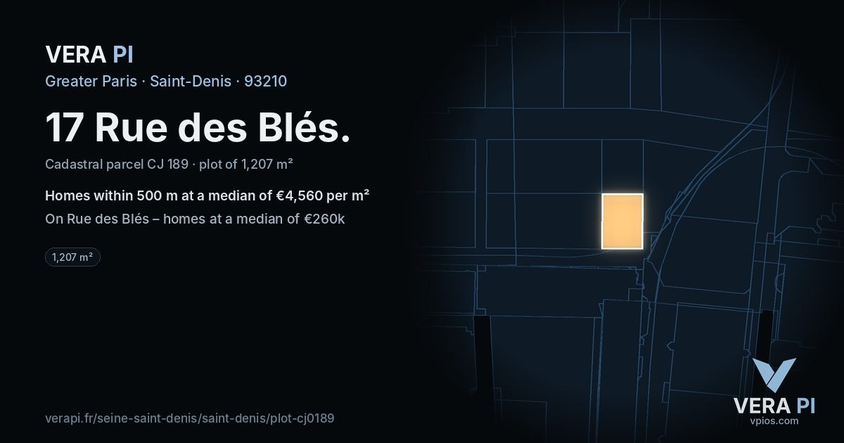 17 Rue des Blés, Saint-Denis at night – the plot lit, the parcels around coloured by the prices near them